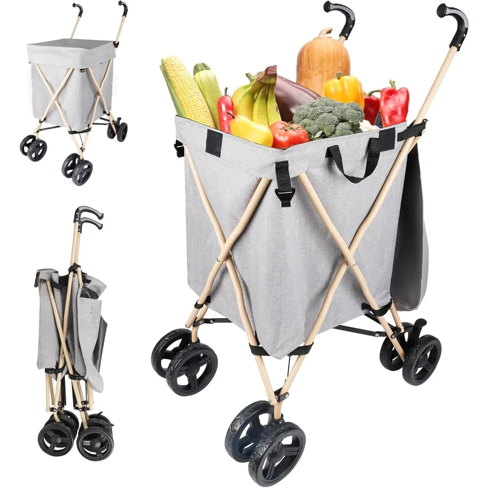 

Shopping Cart with Wheels, Grocery Cart with Removable Canvas with Cover,360° Double Front Swivel Wheels for Laundry Grocery