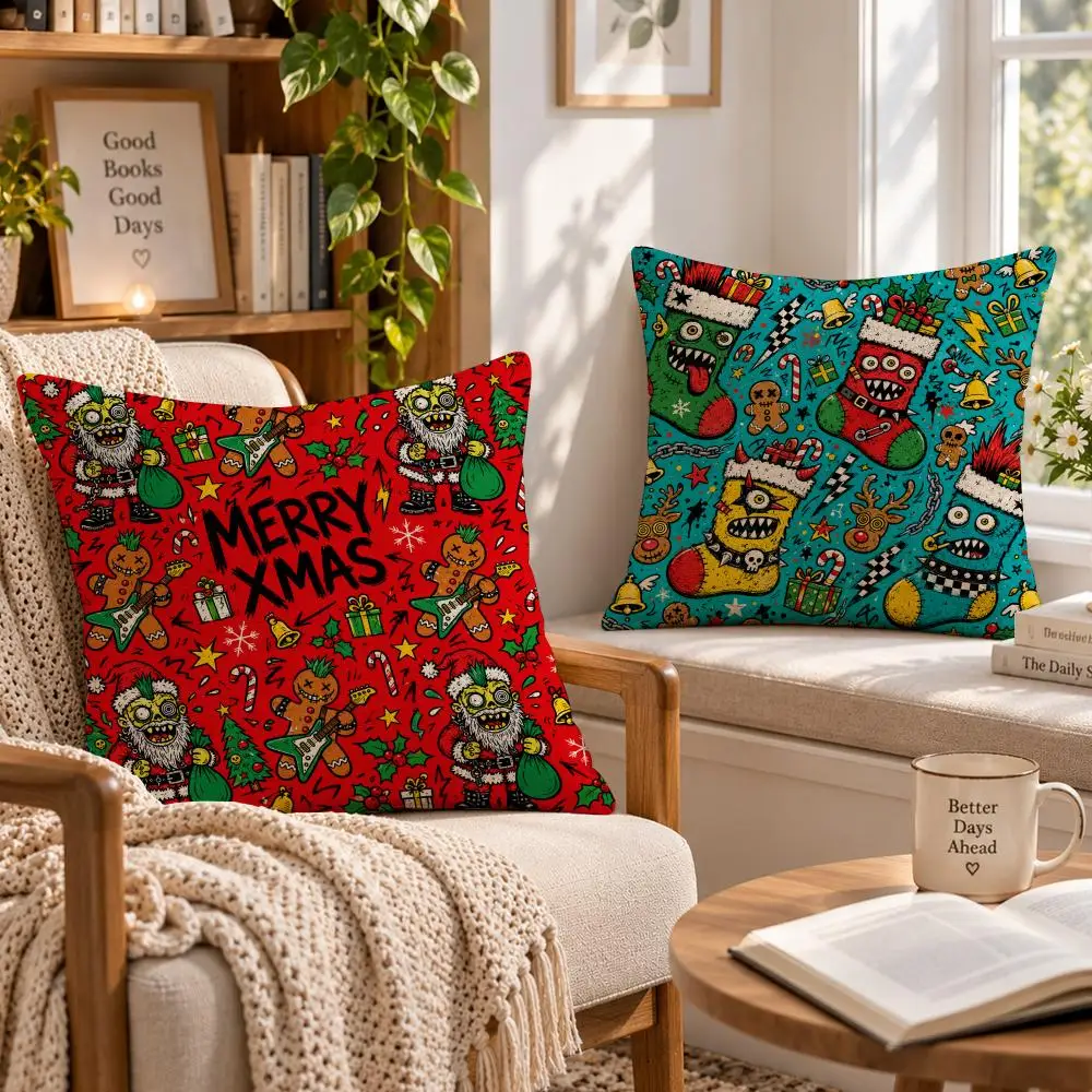 Art Xmas P-Punk Rock Christmas Skull Santa Cushion Cover Soft Short Cover Washable Sofa Bed Dorm Garden Home Office Chair Decor