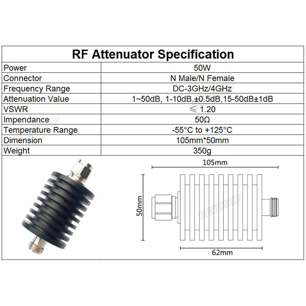 Tipo atenuador coaxial do poder do BEVOTOP-N, tomada masculina a Jack fêmea, 50W, DC-3Ghz, 4Ghz, 1, 2, 3, 5, 6, 10, 15, 20, 30, 40, conector 50db