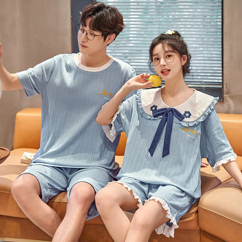 2023 Couple Pajama Set Summer Pyjama Femme Male Cotton Short Sleeved Men And Women Sleepwear Stich Pijama Casual Lover Home Wear