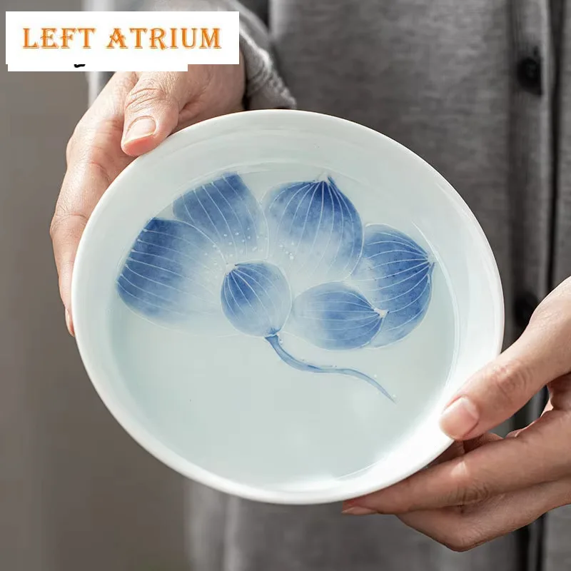 

Handmade White Porcelain Teapot Bearing Engrave Lotus CeramicTea Tray Fruit Tray Household Pot Holder Supporting Tea Ceremony