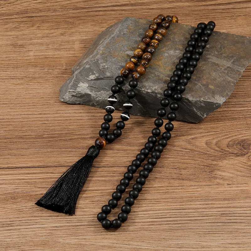 

OAIITE 8mm Yellow Tiger Eye Frosted Black Agate Necklace One-thread Sky Knot Necklace Yoga Balance Healing Pulse Energy Stone