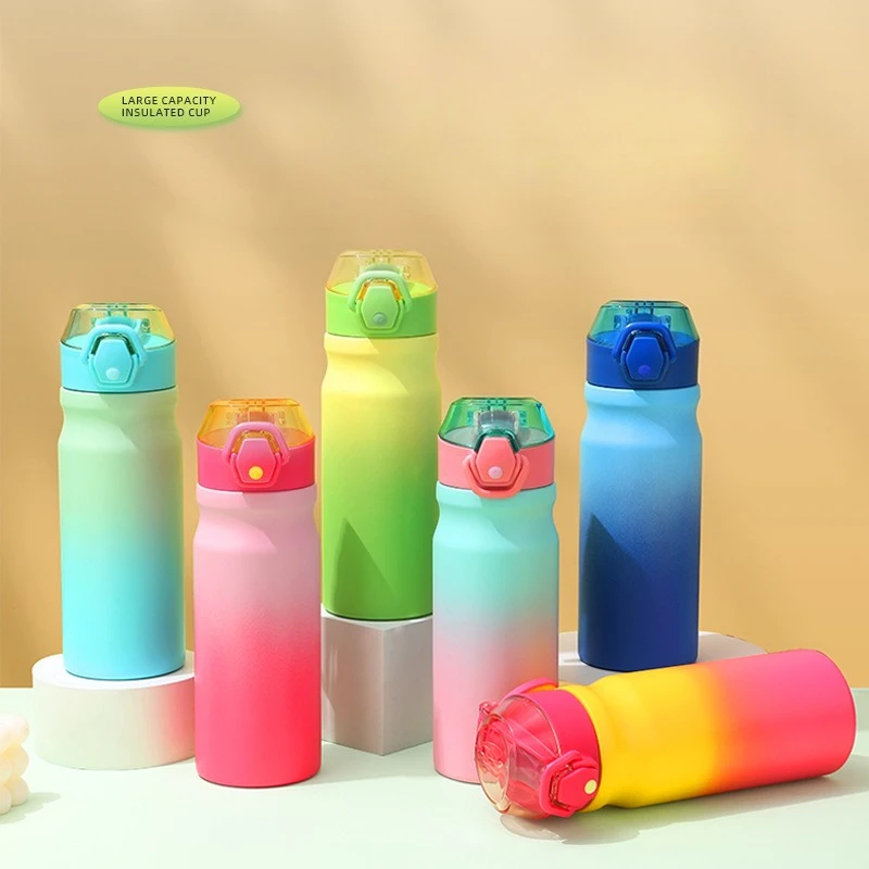 

550ml Outdoor Sports Water Bottle Double Layer 304 Stainless Steel Bottle Portable Handle Large Capacity Straw Insulated Cup