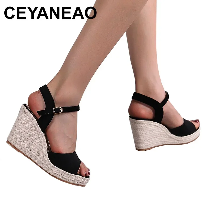 

2025 Size 34-43 Summer Wedge Sandals Women Open Toe Thick Bottom High Heel Straw Bottom Black Platform Sandals