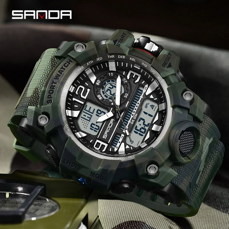 

SANDA G style Men Outdoor Sports LED Digital Watch Double Display Quartz Waterproof Camo Military Timing Men's 2024