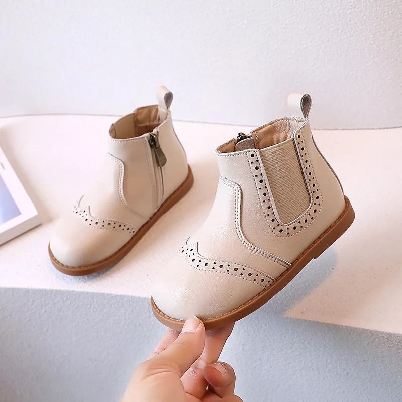 Girls Leather Shoes 2024 Autumn New Fashion Thin Velvet Warm Children\'s Boots Non-slip Hundred Boys Martin Boots Solid Colour