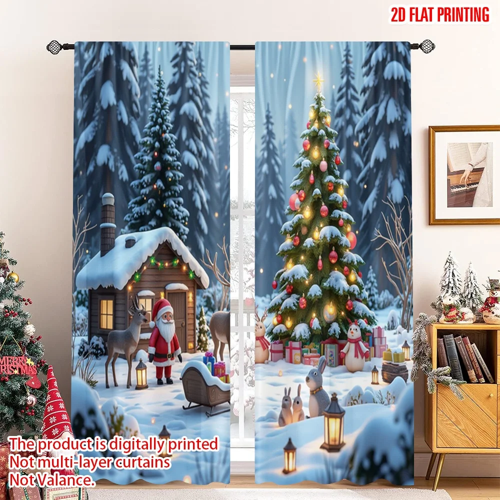 

2pcs 2D flat printing Christmas Scene Curtain Santa Forest Animals Christmas Snow Polyester Without Electricity Festive Holiday