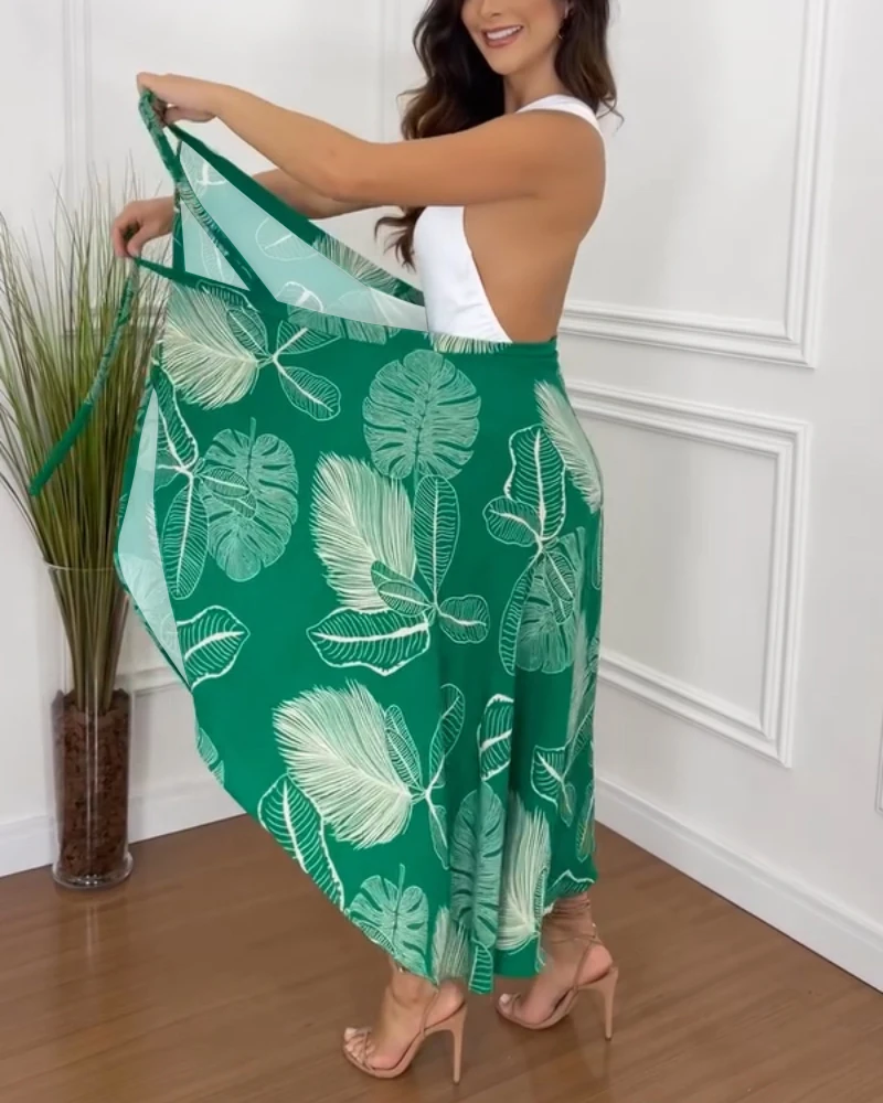 Tropical plant printed lace up skirt, casual high waisted vacation skirt, new women's clothing for summer 2025