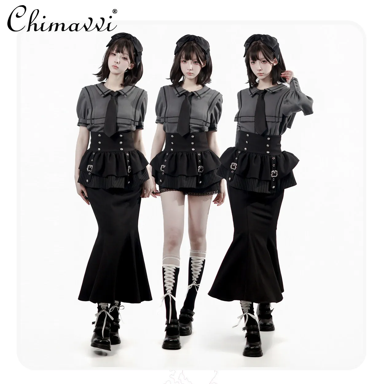 Japanese Fashion Skirt Suit Spring and Summer Classy Gray Design Cross Shirt Waist Slimming Mermaid Dress Girl Ladies Outfits