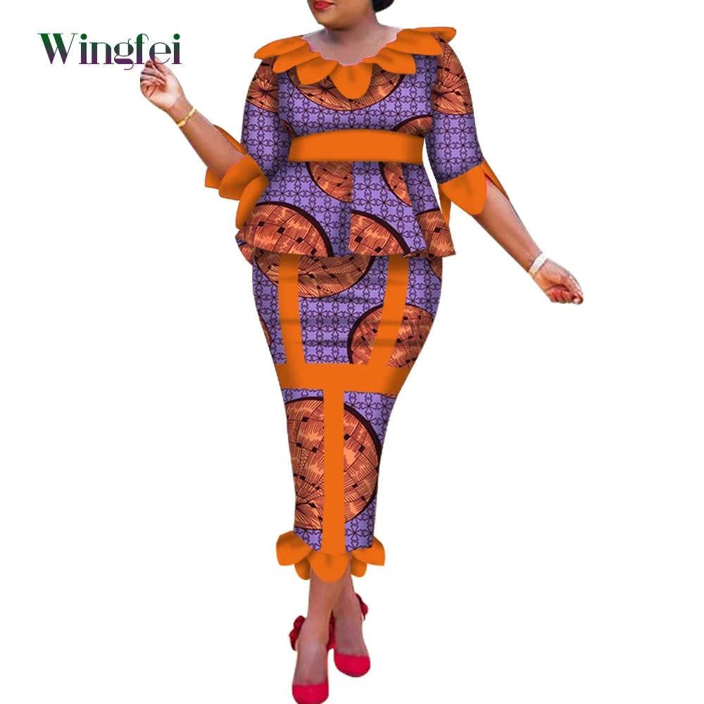 Fashion Women Bodycon Skirt Suit 2 Pcs Set Short Sleeve Top and Ankle-length Pencil Skirt Dashiki Party Outfit Plus Size WY6242