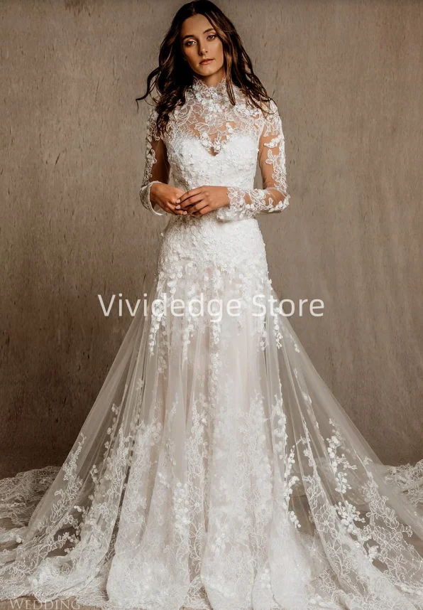 Long Sleeve Lace Wedding 2025 Tulle Applique Bridal Gowns Women's A-Line Dresses Beach Dresses vestidos de boda para fiestas