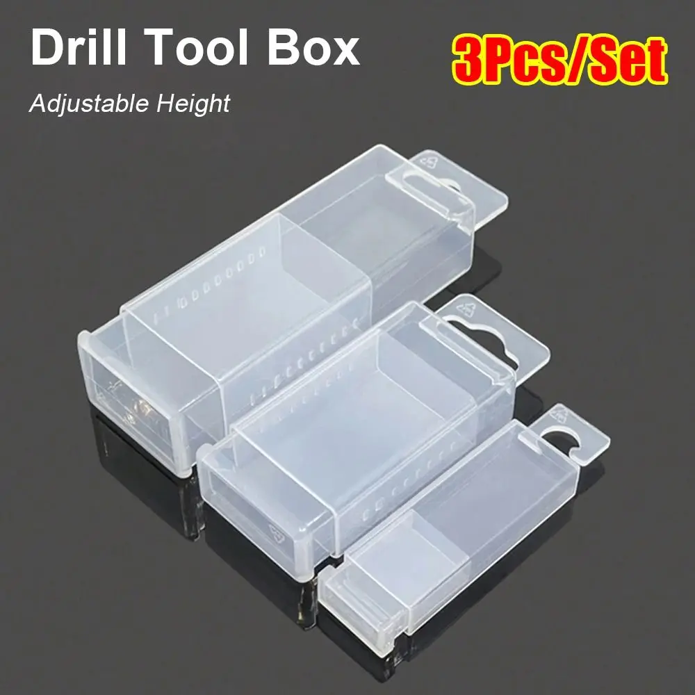 3Pcs/Set Adjustable Height Drill Tool Box Plastic Clear Twist Drill Boxes Telescopic Rectangular Parts Storage Case