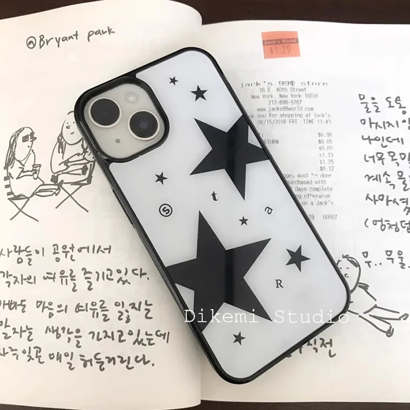 Ins Coreano Black Star Cool Fashion Giovane Ragazza Cassa Del Telefono Per iPhone 16 15 14 13 12 11 Pro MAX 14 15 16 PLUS Y2K Trasparente Della Copertura Morbida