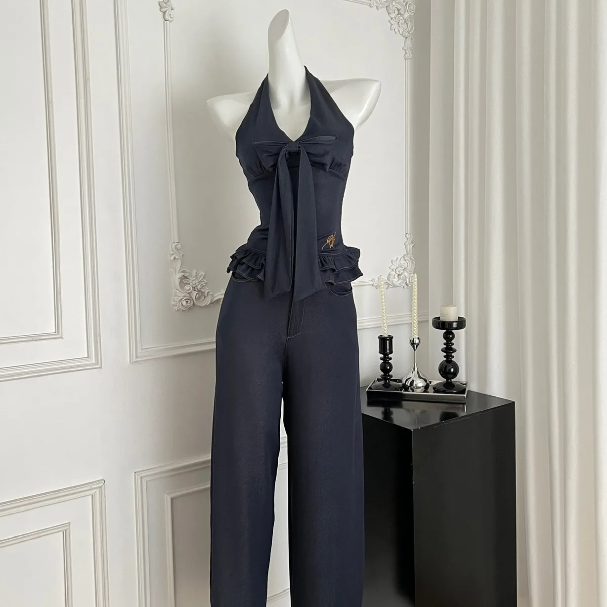 

Korean Sle Knot Ne Strap Slim Fit Top High Waist Jeans Straight Leg Pants Set Women's Faion Summer Outfit