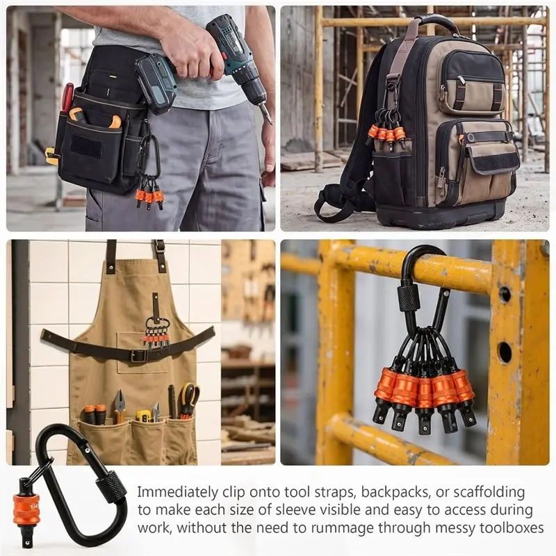 AC88 5 Pcs 1/4 Inch Socket Holder Keychain, Quick Release Socket Organizer with Carabiner for Impact Wrench