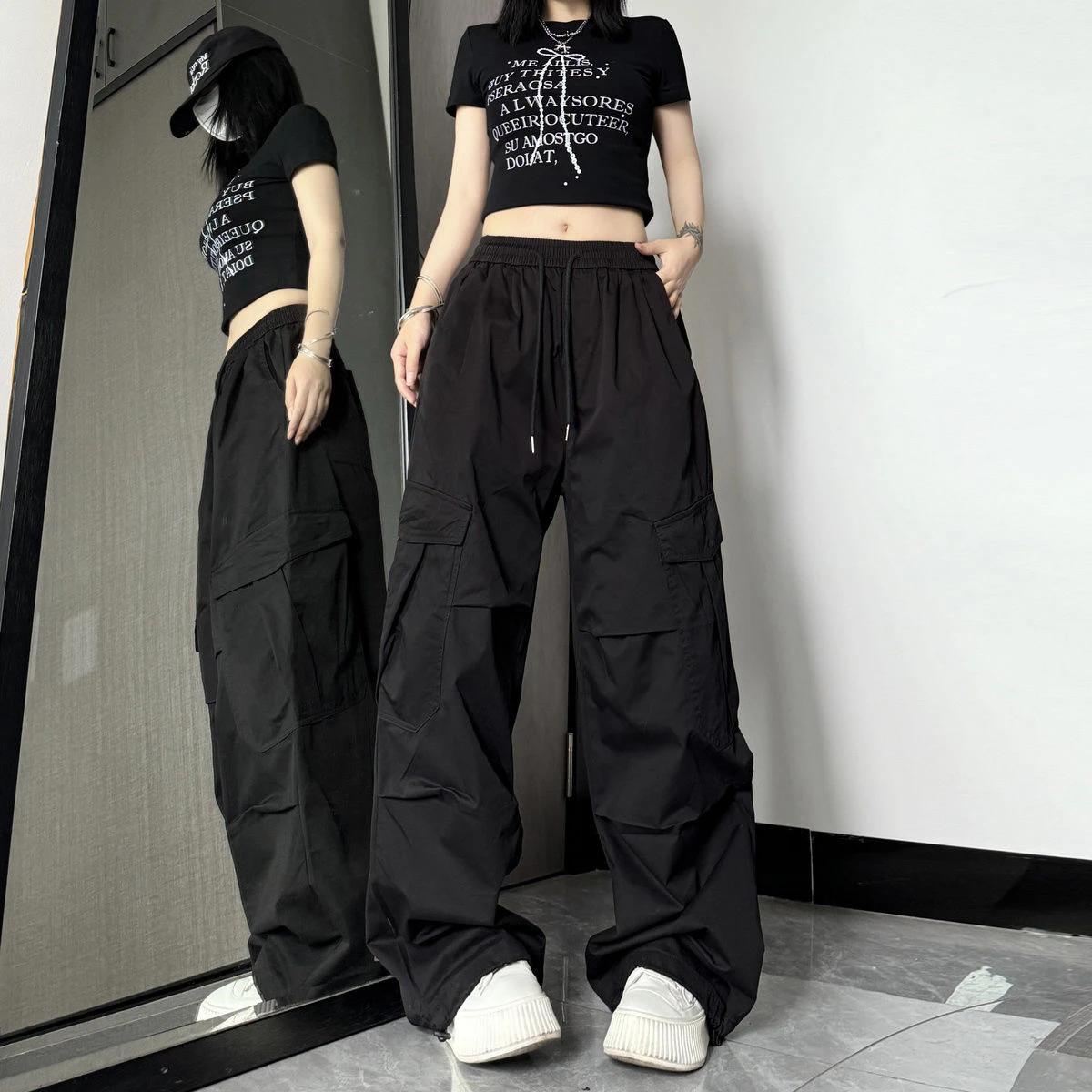 Retro American Hot Girl Work Pants Street Hip Hop Wide Leg Loose Straight Leg Long Trousers High Waist Polyester Fiber