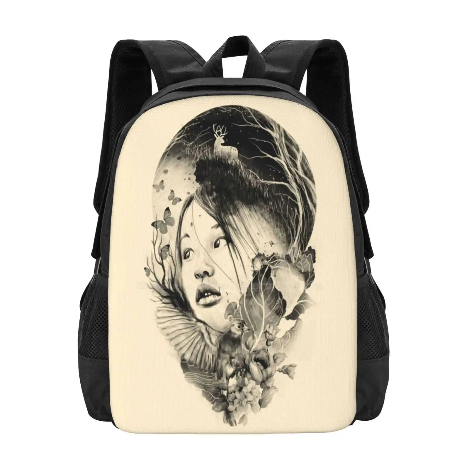 Innocent Hot Sale Schoolbag Backpack Fashion Bags Innocent Little Girl Black Bird Butterfly Flowers Animals Trees Surreal