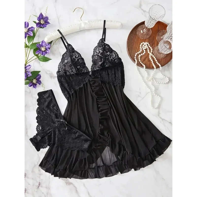 Women nightdress sexy lace fossil bow nightgown mini dress V neck full slip babydoll lingerie sleepy Wear & dresses