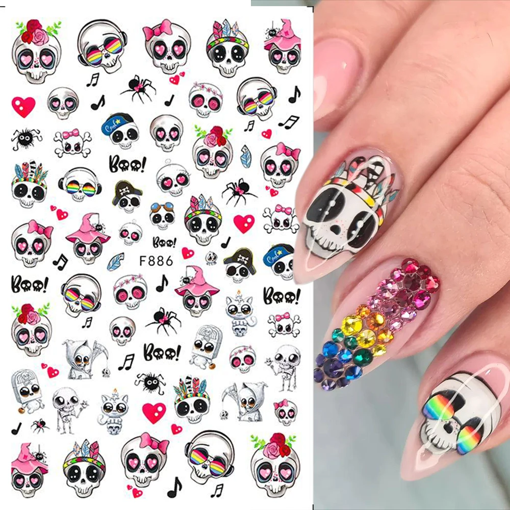 Cute Cartoon Skull Nail Stickers Spooky Halloween Decoration Ghost Bat Evil Pumpkin Sliders For Manicure Blood Nail Decal GLF886