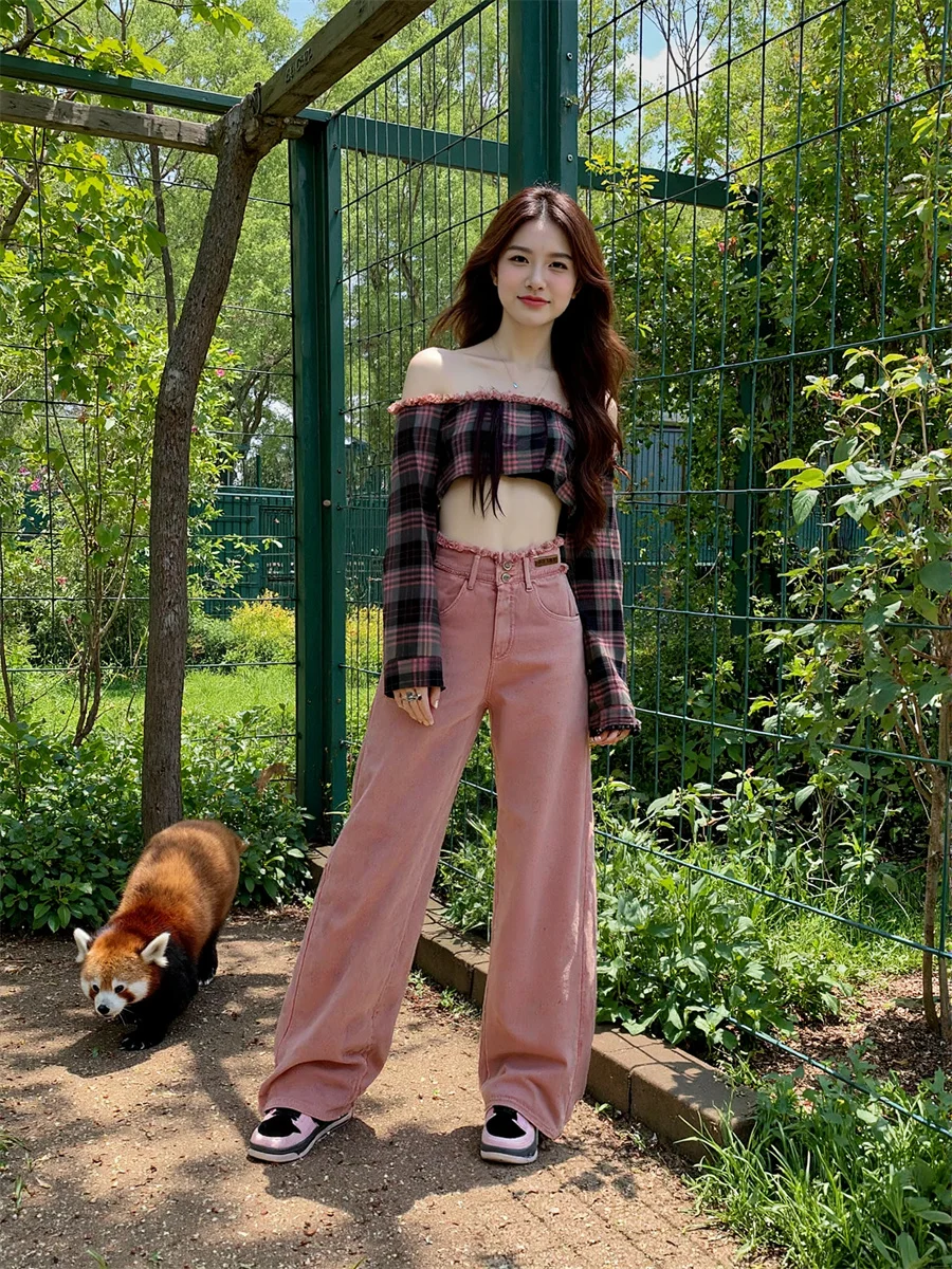 Dżinsy z wysokim stanem i szerokimi nogawkami, spodnie dżinsowe, odzież damska, wiosenne, wytrzymałe, elastyczne, w stylu europejskim, do treningu, sportowe, typu joggers, cargo