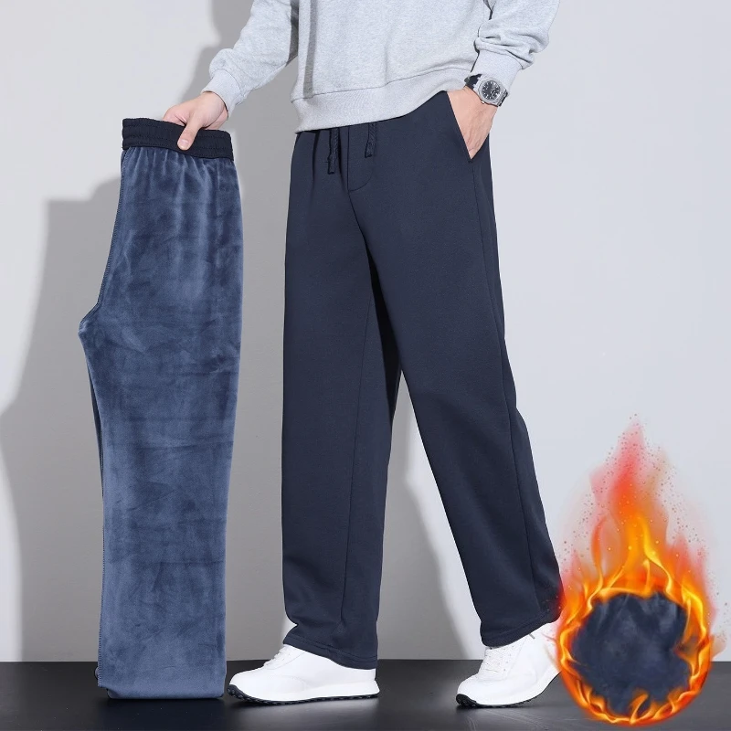 Men Fleece Lined Straight Leg Pants Elastic Drawstring Waist Thickened Warm Winter Casual Soft Stretch Daily Wear Trousers