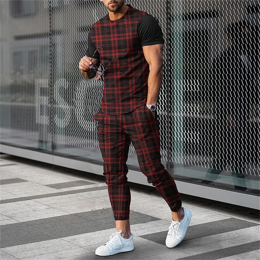 Summer Men 2Piece Casual Clothing Male Retro Style Sportswear 3D Printed T-Shirt Trousers Set Fashion Solid Color Tracksuit