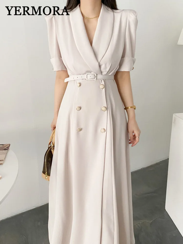 

YERMORA Women Apricot Belted Double Buckle Casual Dress Lapel Short Sleeve Loose New Dresses Fashion Tide Spring Summer 2025