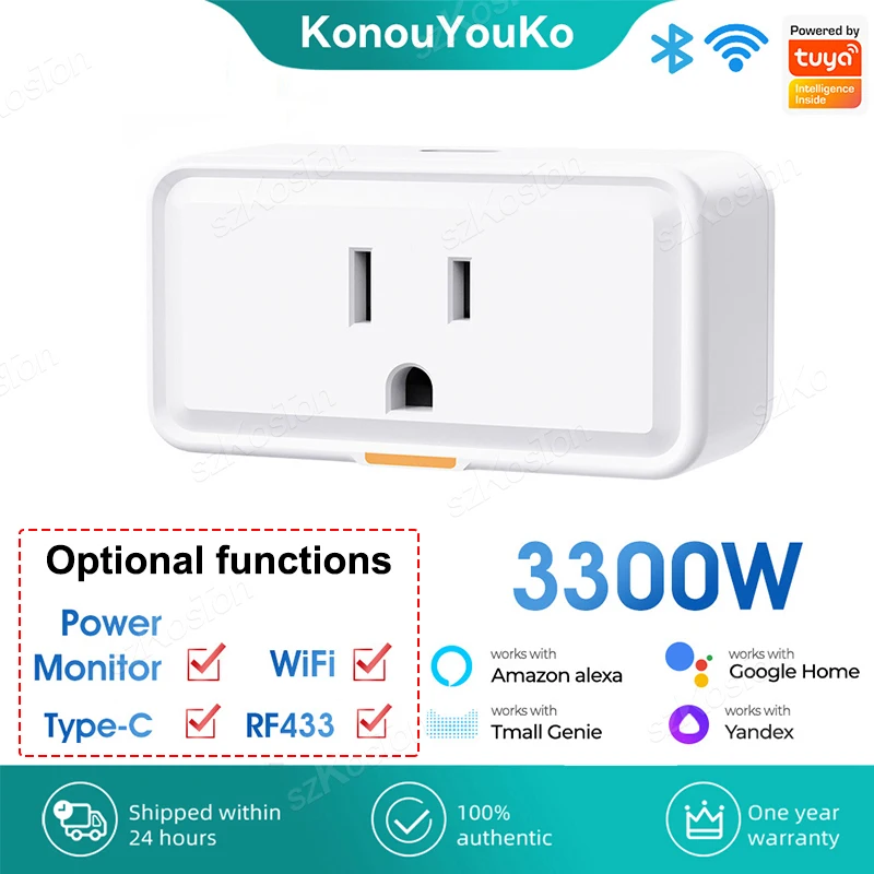 

Smart Plug WiFi Socket US 15A With Power Monitor Type-c RF433 Outlet Tuya Smart Life APP Control Works With Alexa Google Alice