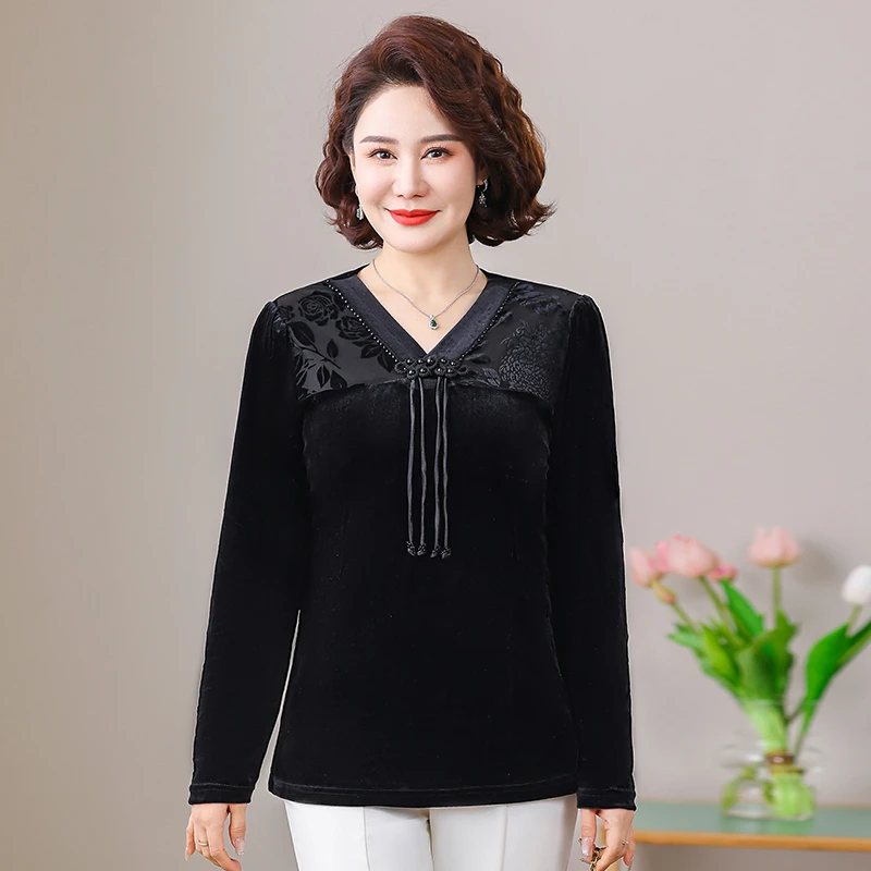 Women Vintage V-Neck Shirt Commuter Spring Autumn All-match Fashion Long Sleeve Solid Color t-shirt  for Female
