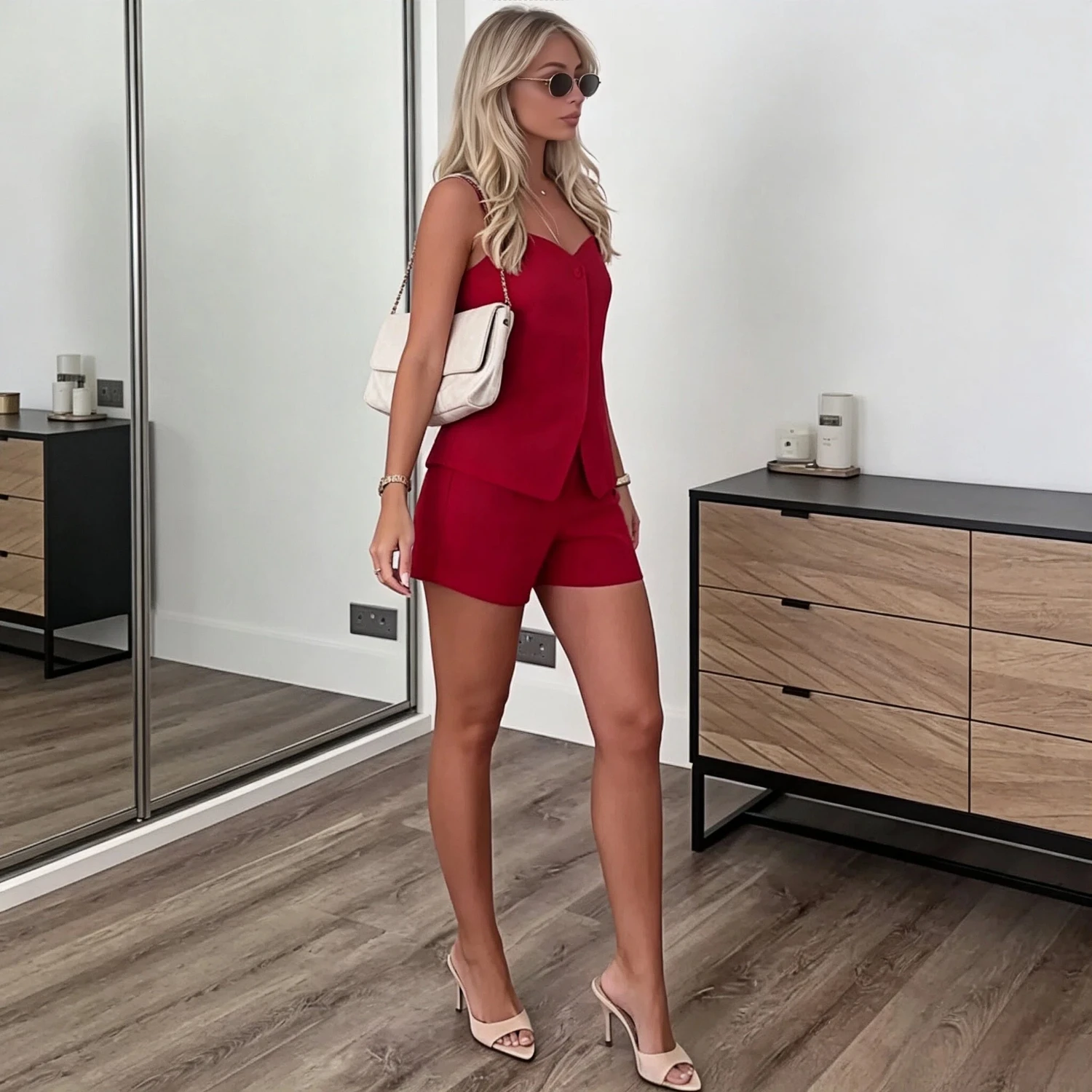 Women Pleated Casual Shorts Set Heart Neck Sling Tank Top 2 Piece Vacation Outfit Chic Trendy Matching Shorts Set for Female