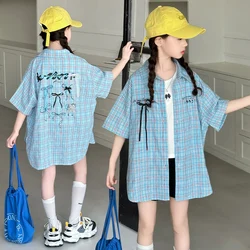 Kids Short Sleeve Blue Plaid Blouse For Girls Long Style Loose Shirt Tops Outfit Teens Child Summer Blouse Clothing with Bows