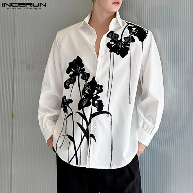 Men Harajuku Long Sleeve Shirt INCERUN Casual Floral Printing Tassel Decoration Hamdsome Tops Turn Dwon Collar Fashion Tees 2024