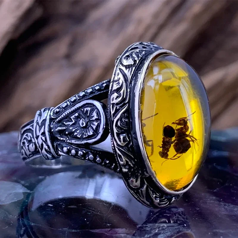 Vintage كبير البيضاوي العقيق الطبيعي حجر خاتم للرجال والنساء ، الرجعية مطعمة الزركون النمل الدائري ، مجوهرات الزفاف الفرقة ، الأصفر والأحمر