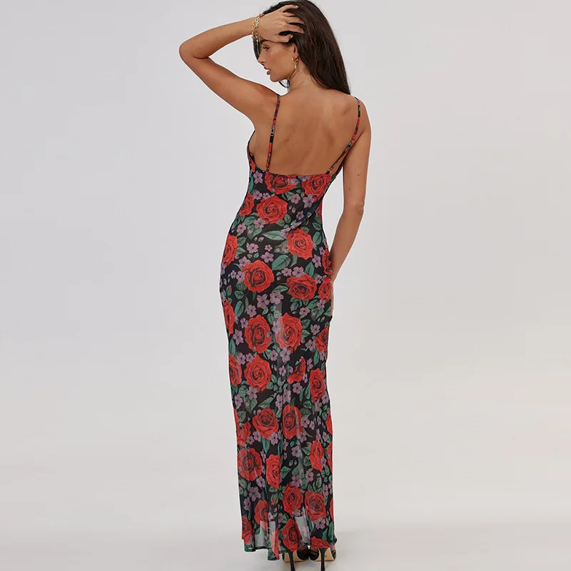 Vestidos con tirantes finos y estampado de flores para mujer, vestido largo ajustado a la cadera con temperamento, Vestidos ajustados sexys con espalda descubierta para mujer