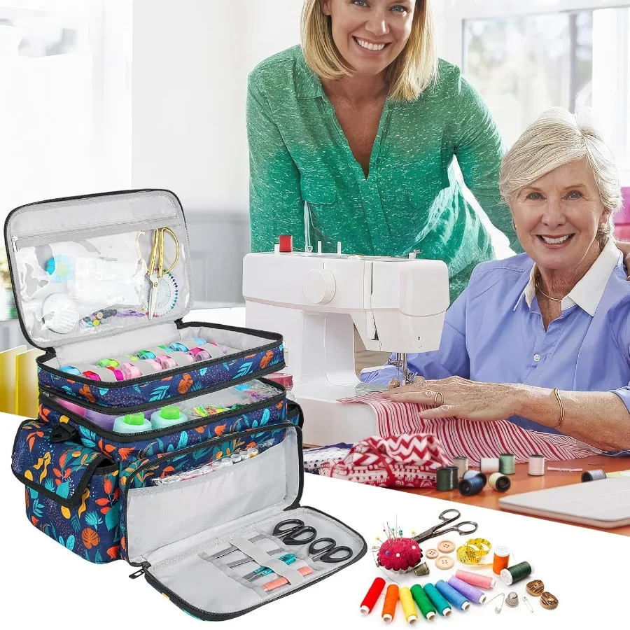 大きな二層式の裁縫用品オーガナイザー、リーフ柄のデザインで持ち運びや旅行に最適、裁縫道具の保管に最適です。