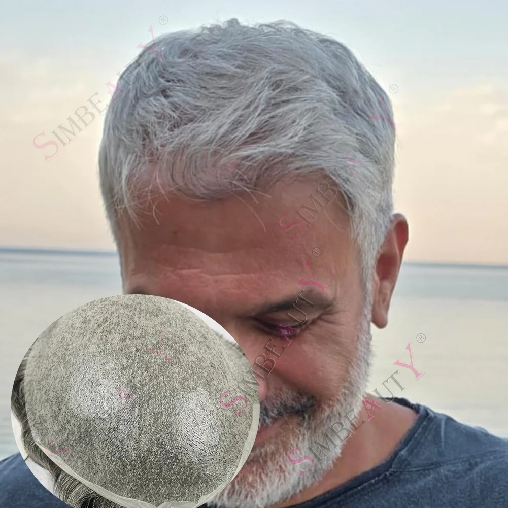 خط شعر طبيعي غير مرئي 0.02 مم، بشرة رقيقة جدًا واقعية، كثافة 80%، رمادي وأبيض 1B80 # 340 #   نظام الشعر المستعار البشري للرجال Proth