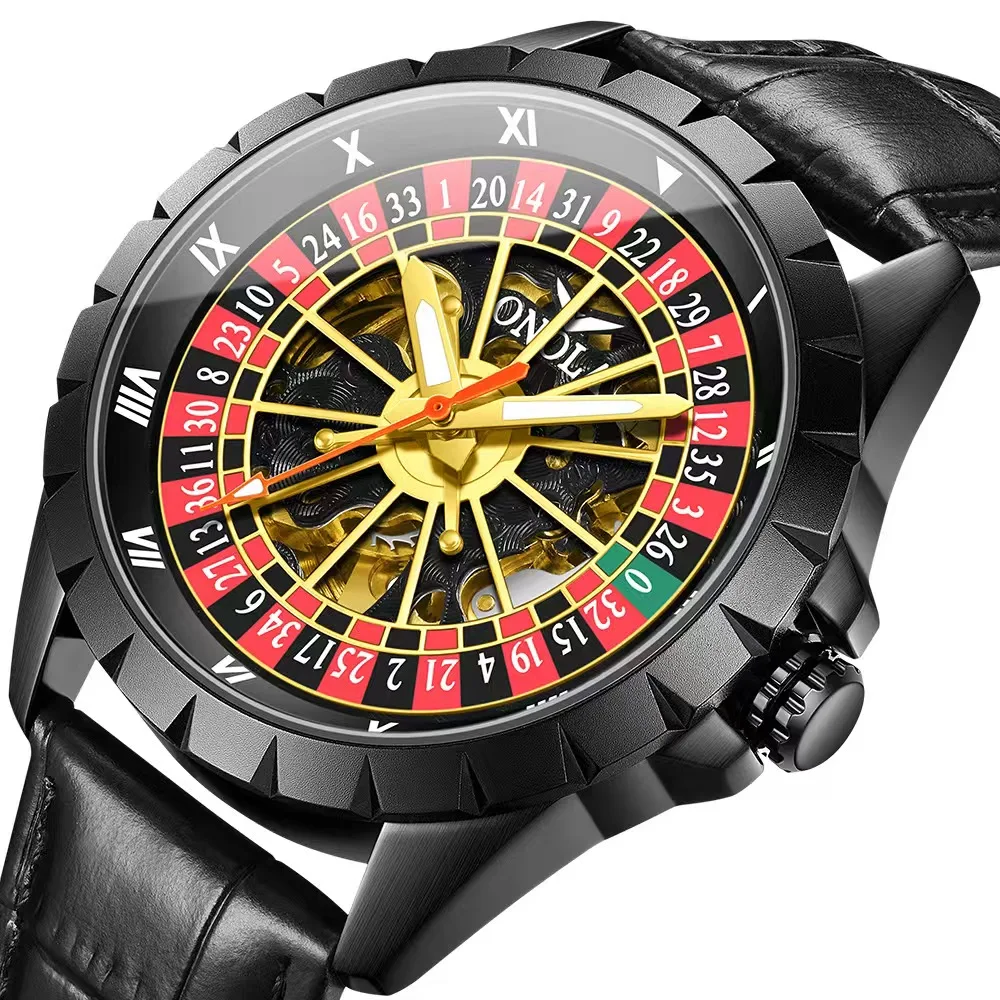 ONOLA Automatic Watch for Man 3869 Gift Box Luxury Gold Mechanical Watches Creative Rotating Dial Roulette Waterproof Men Watch