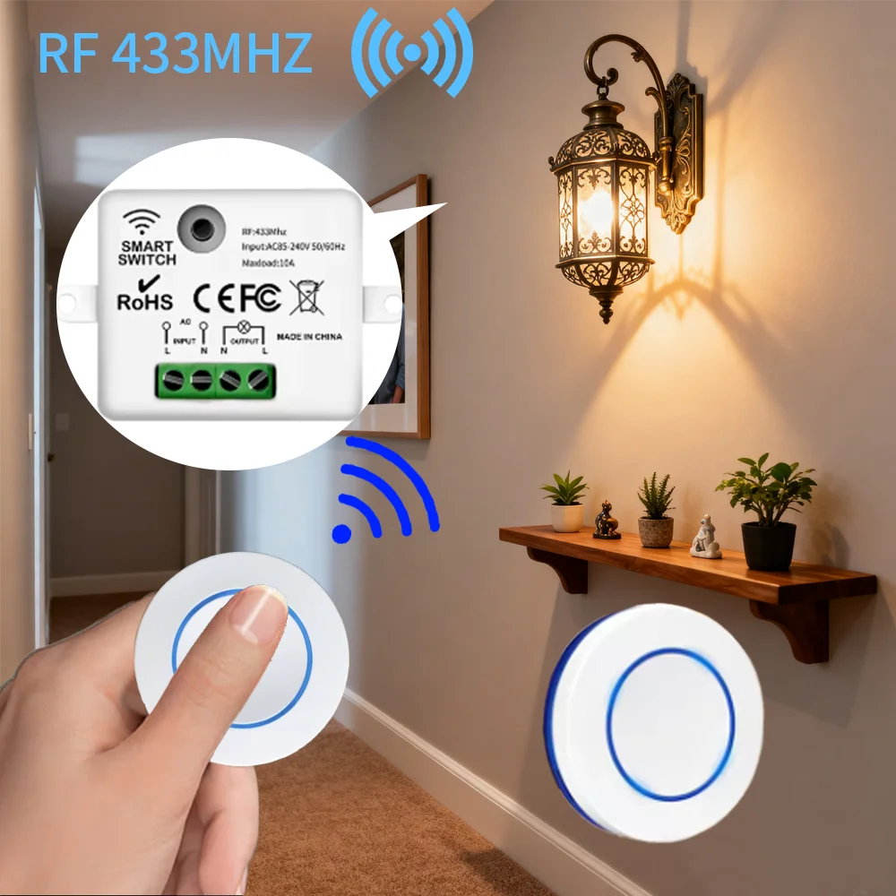

RF 433MHz Wireless Remote Control Light Switch 85V 240V 10A Relay Controller Round Button Wall Panel Switch For Lighting Led