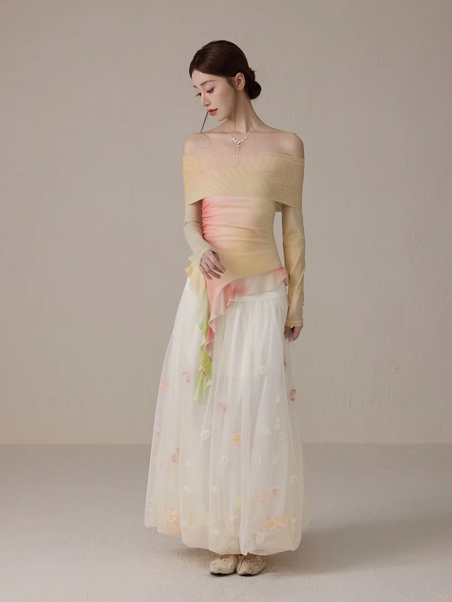 

ONMOON Spring Summer Fairy T Balloon Skirt f-length with 3D Flower Embelliment Sweet Sle Polyester Blend Skirt