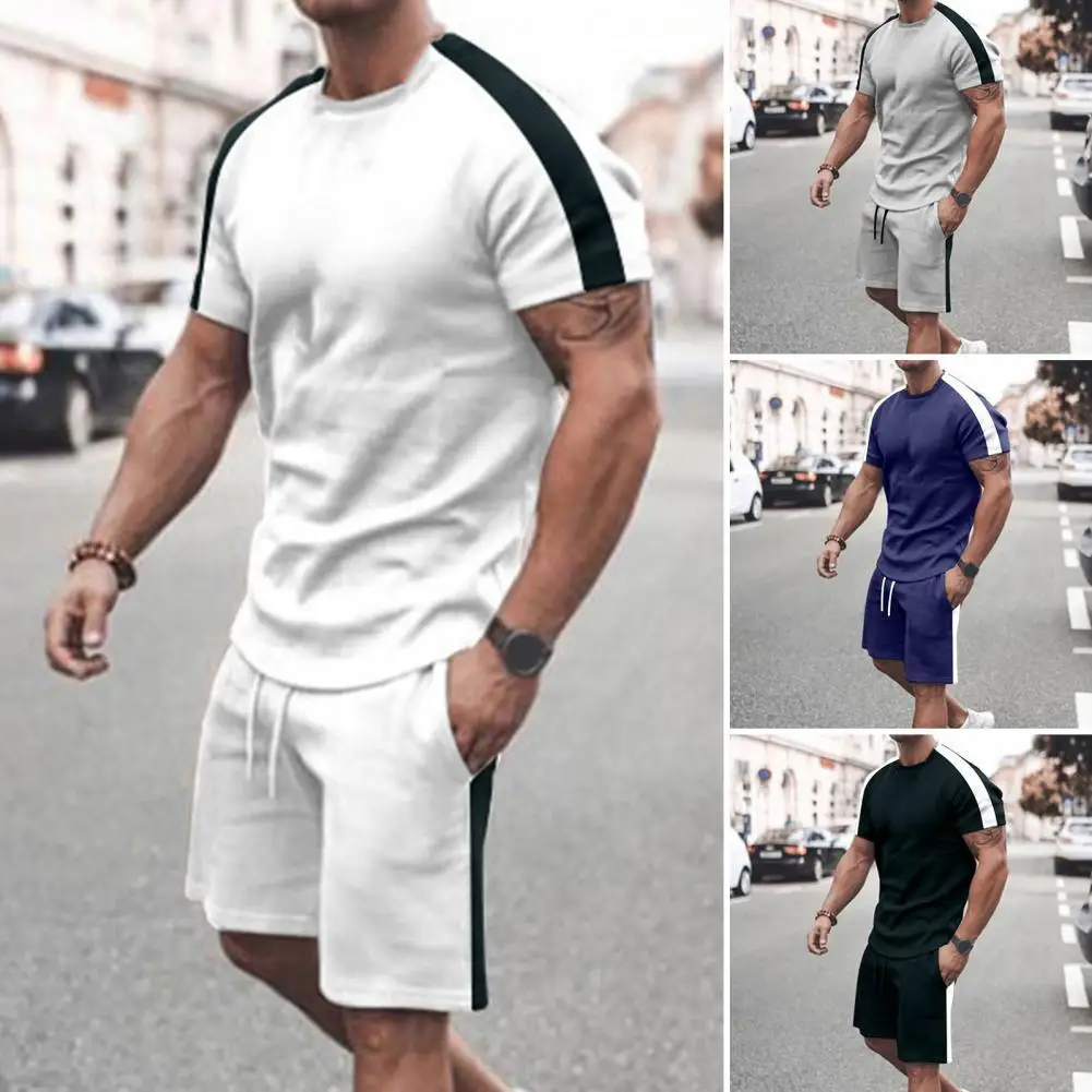 

Футболка и шорты мужские с круглым вырезом, комплект из 2 предметов, износостойкие свободные штаны с эластичным поясом, спортивный костюм контрастных цветов, летняя одежда