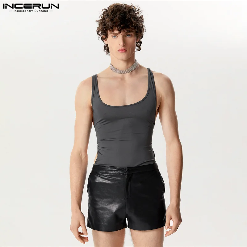 INCERUN 2024 Sexy New Mens Homewear Personality Side Hollow Design Jumpsuits Casual Simple Male Solid Sleeveless Bodysuits S-5XL