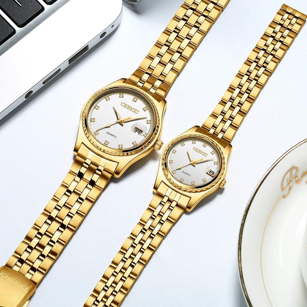 Новые мужские часы золото нержавеющая сталь дата кварцевые наручные часы, мода женские часы роскошный бренд пара часы подарок для влюбленных