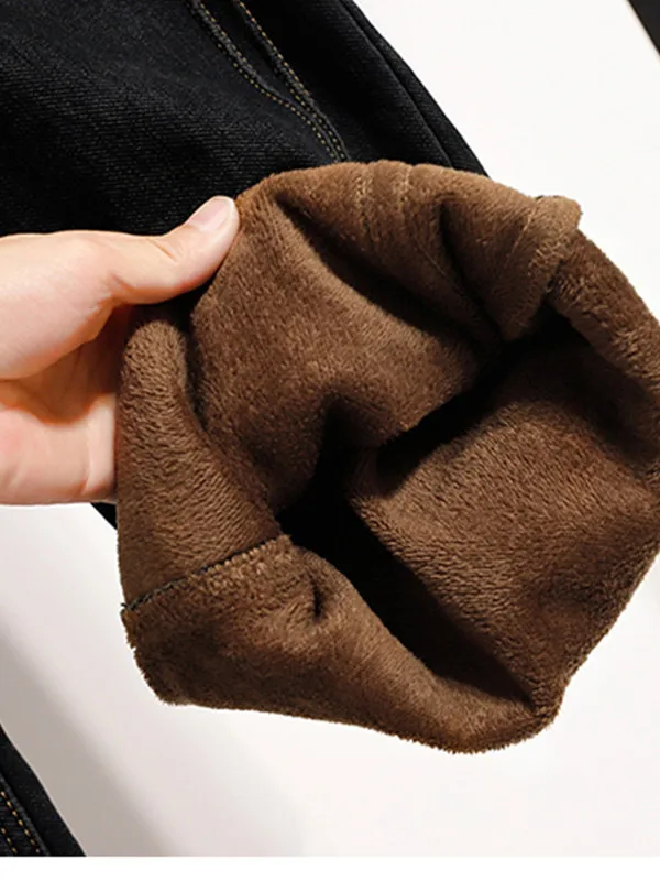 Nuovo arrivo invernale Slim Fit gamba dritta Fce foderato pantaloni in denim pantaloni a gamba larga jeans casual elastici a vita alta