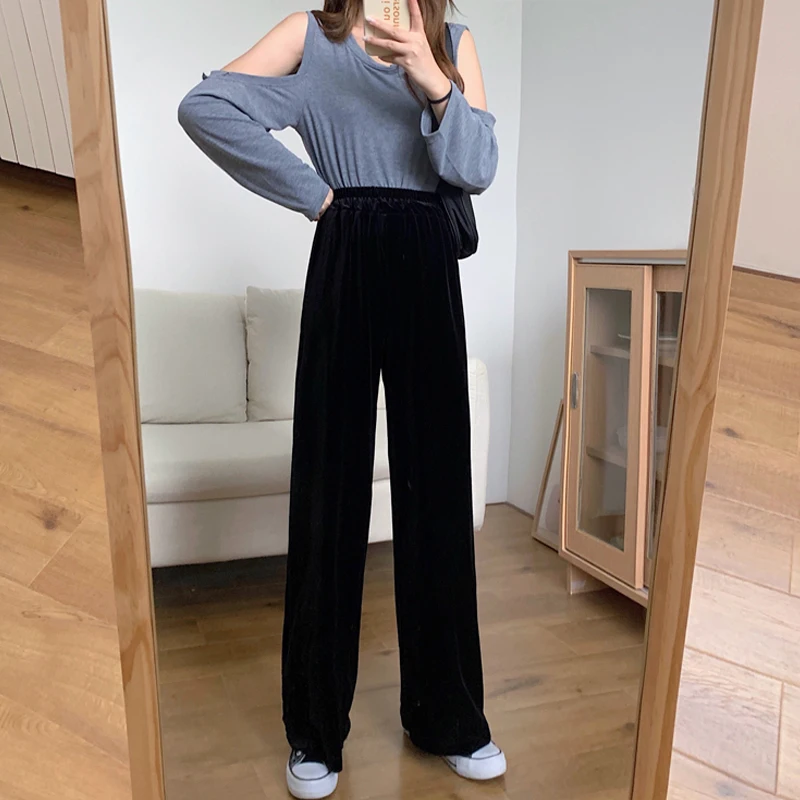 2023 Autumn Straight Velour Women Pants High Waist Casual Wide Legs Pants Black Purple Loose Female Fashion Student Trousers New