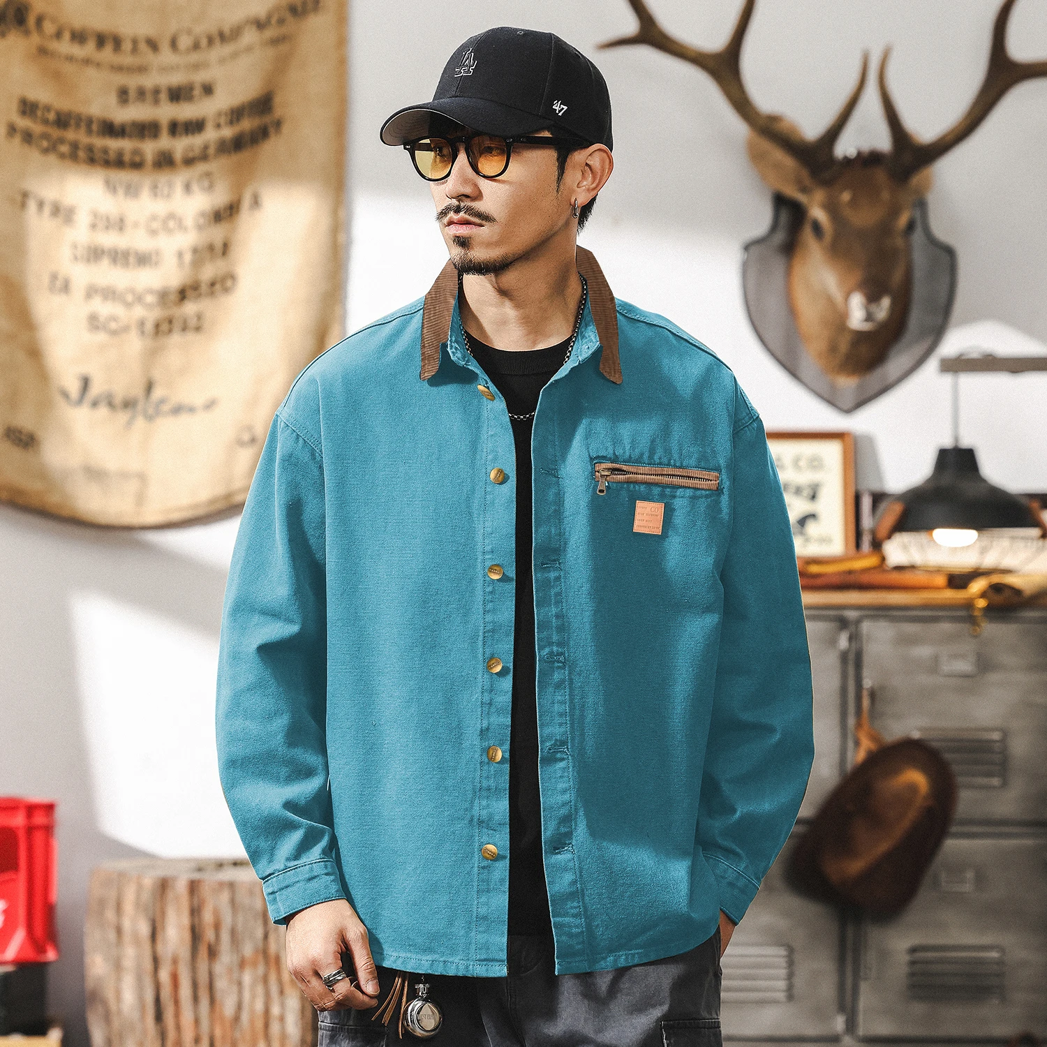 

New vintage workwear shirts for spring and autumn, men's long-sleeved trendy loose shirt jackets