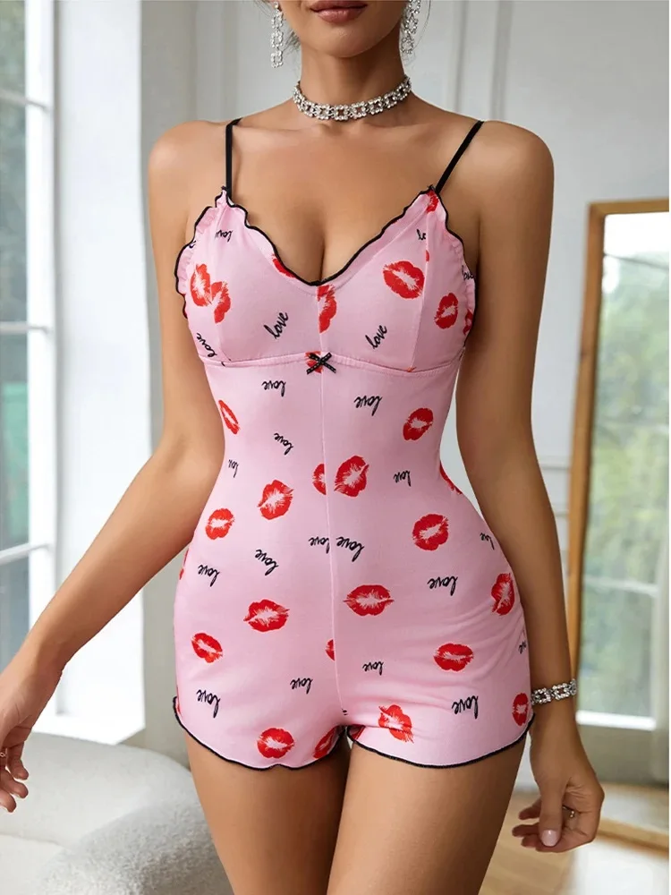 Women's Pajamas One Piece Pajamas Red Lip Printed Sleeveless Pijama Short Onesie Adults V-Neck Suspenders Funny Pajamas Bodysuit