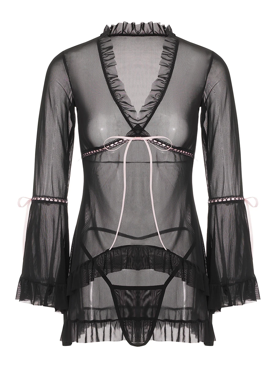 

Женское озорное нижнее белье Babydoll, прозрачная ночная рубашка с v-образным вырезом и оборками и стринги, комплект экзотической одежды для сна, ночное белье