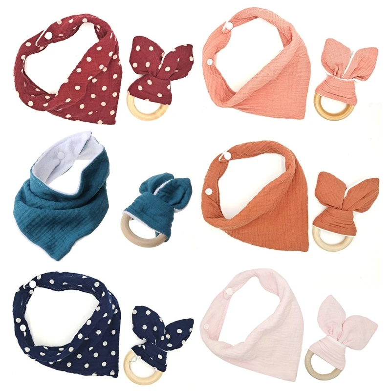 

2Pcs Baby Cotton Bib Wood Ring Pacifier Teether Set Button for Triangle Scarf Infant Feeding Saliva Towel Soother Molar