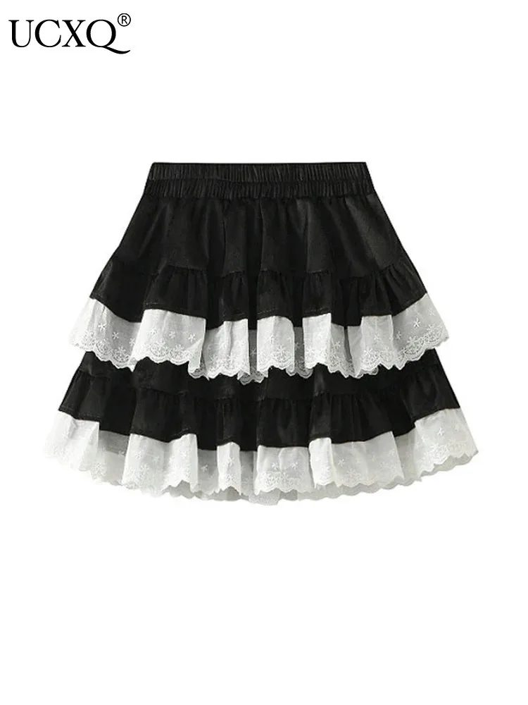 

UCXQ Fashion Short Skirt Temperament All Match Patchwork Lace High Waist Contrasting Cake Skirts Women 2024 Spring Autumn 3C1969