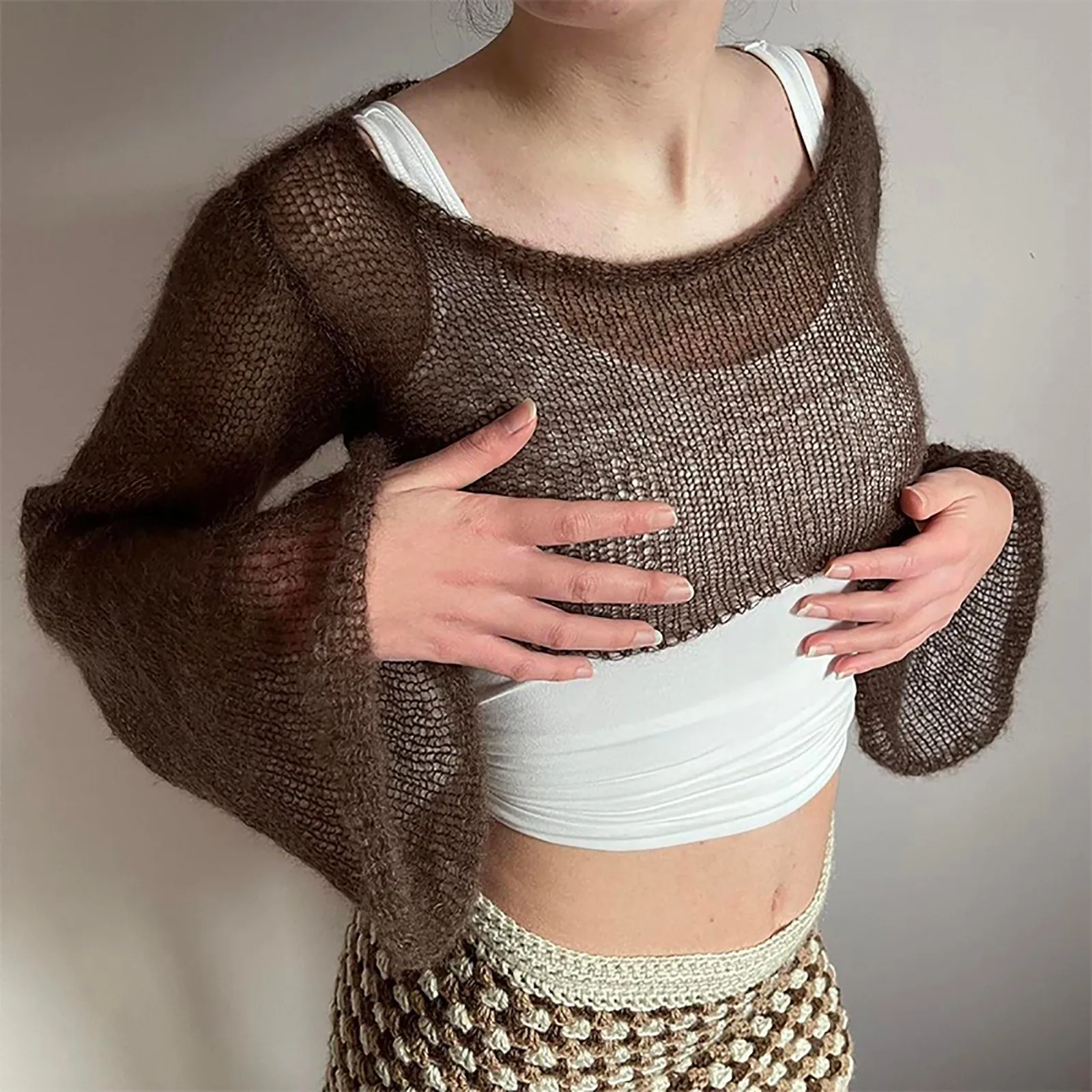 

Y2k Mesh Pullovers Transparent Fairycore Grunge Tank Top Oversize Knitted Streetwear Harajuku Sweat Shirts Long Sleeve Knitwear